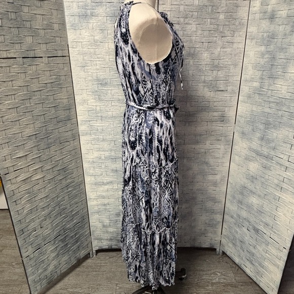 Roan + Ryan Womens S Maxi Dress Blue White Animal Print Tiered Spaghetti Strap - Picture 4 of 7